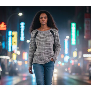 Hem & Thread Knit Sweater Small Black White Faux Leather Back & Accent Top